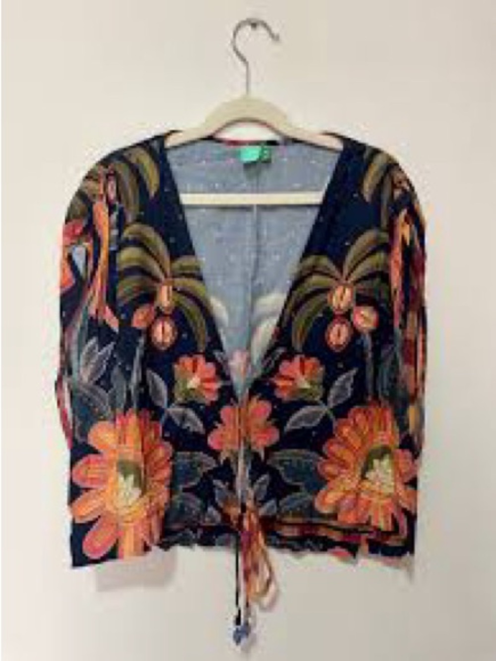 FARM Rio Navy V-Neck Tie-Front Top with Orange Floral Print